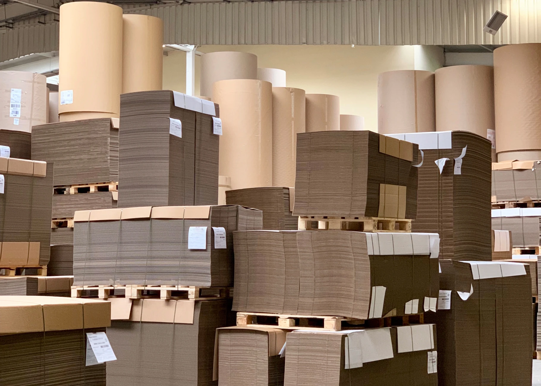 Stacks of cardboard in a warehouse